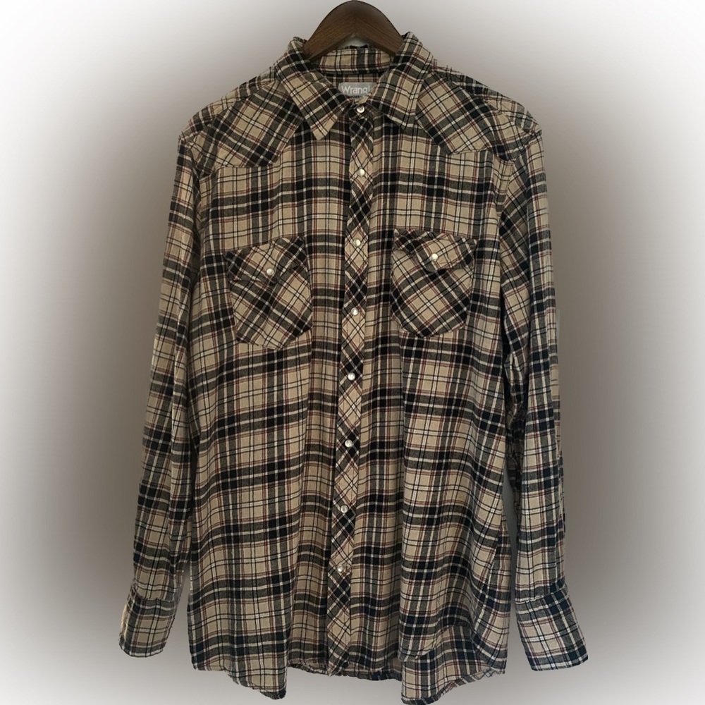 Wrangler Wrancher Brown Plaid Flannel Pearl Snaps Size XL Tall